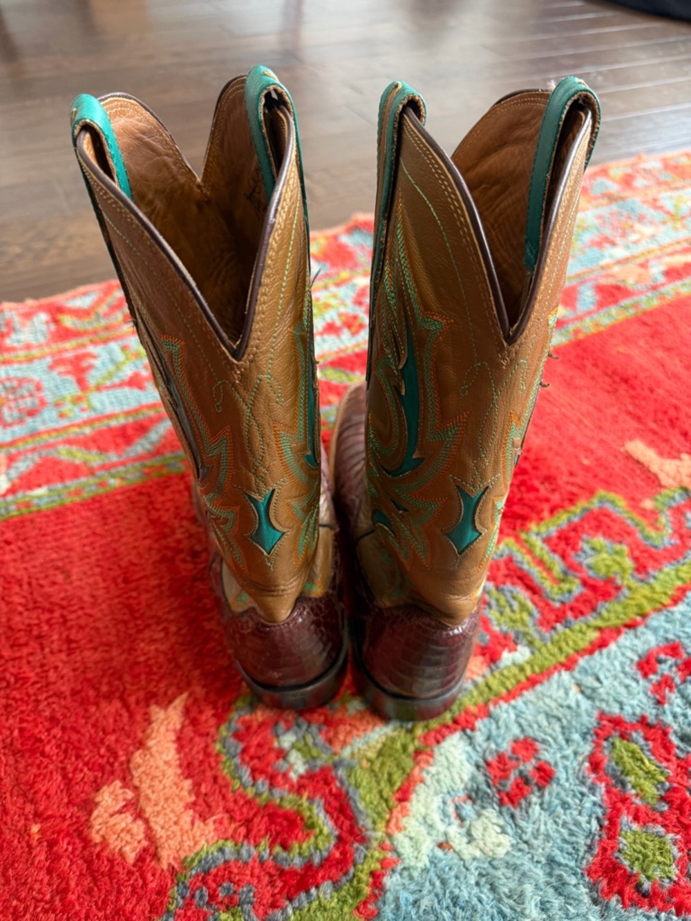 Lucchese Tobacco Caiman Exotic Cowboy Boots with Turquoise Upper - Picture 6 of 6